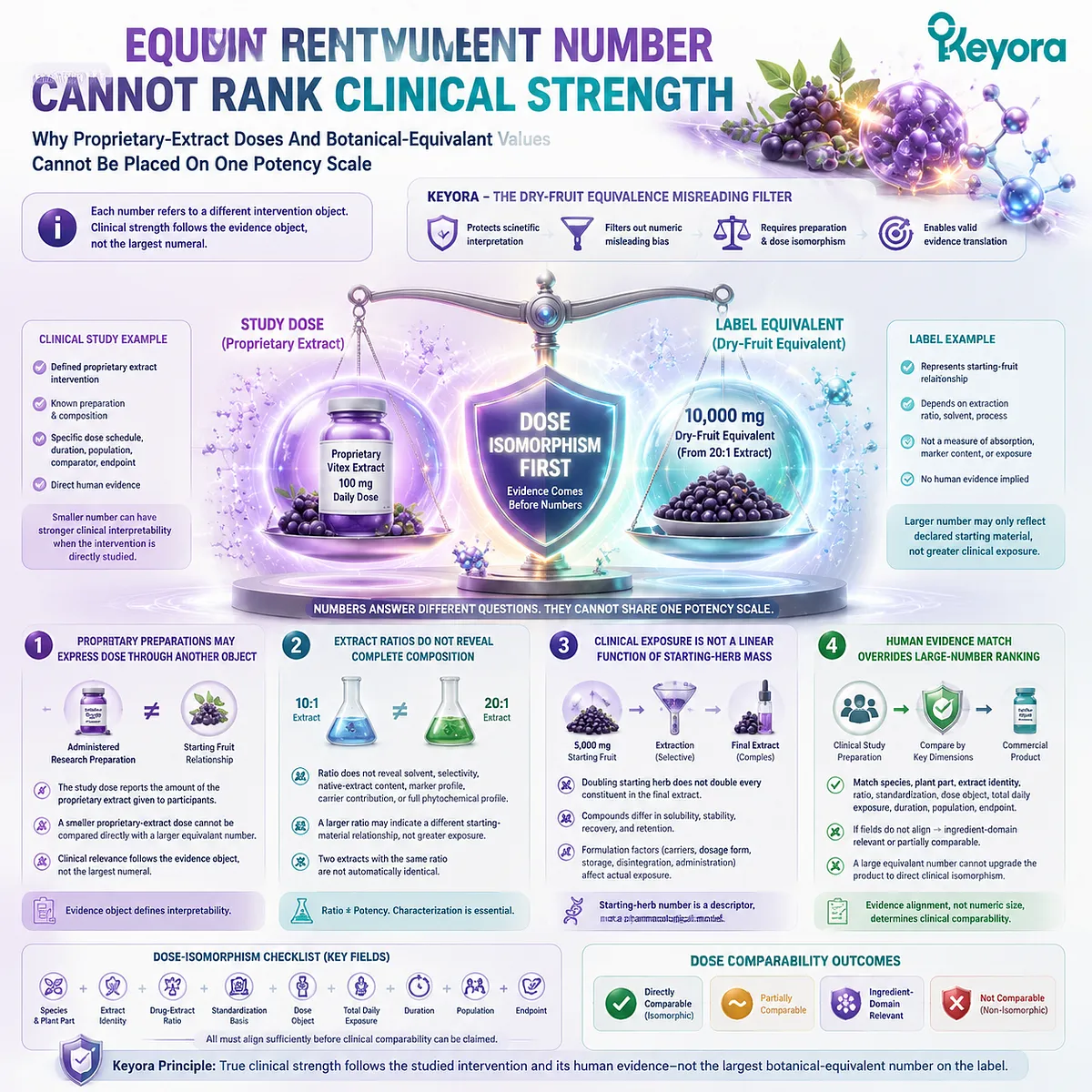 Vitex clinical strength cannot be ranked by dry-fruit equivalence or extract ratio; Keyora Dry-Fruit Equivalence Misreading Filter prioritizes preparation-specific evidence Vitex clinical strength cannot be ranked by dry-fruit equivalence or extract ratio; Keyora Dry-Fruit Equivalence Misreading Filter prioritizes preparation-specific evidence