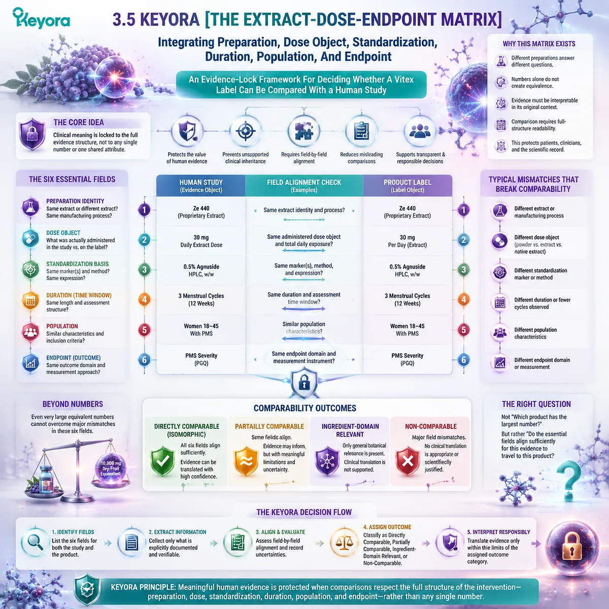 Vitex evidence comparison integrates extract identity, dose object, standardization, duration, population, and endpoint through the Keyora Extract-Dose-Endpoint Matrix Vitex evidence comparison integrates extract identity, dose object, standardization, duration, population, and endpoint through the Keyora Extract-Dose-Endpoint Matrix