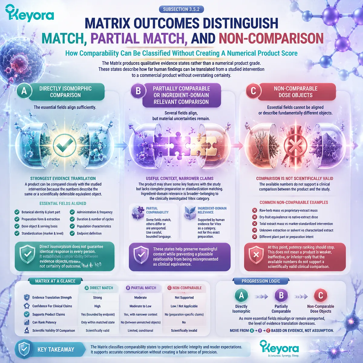 Vitex evidence comparison classifies direct match, partial relevance, and non-comparable dose objects through the Keyora Extract-Dose-Endpoint Matrix without numerical scoring Vitex evidence comparison classifies direct match, partial relevance, and non-comparable dose objects through the Keyora Extract-Dose-Endpoint Matrix without numerical scoring