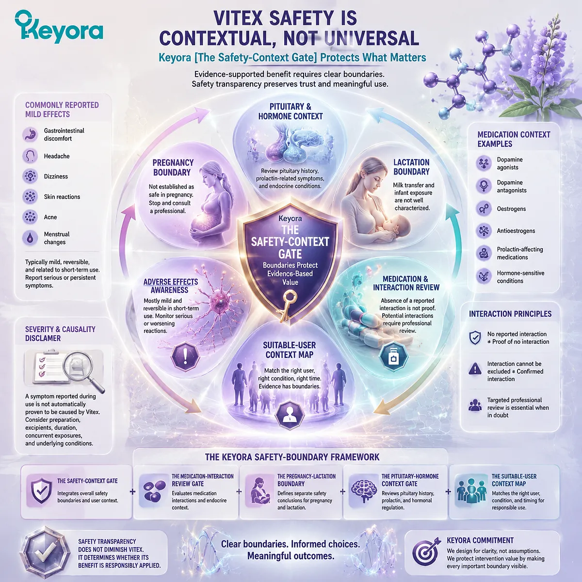 Vitex safety boundaries for pregnancy, lactation, medications, and hormone context require prolactin signaling review and user selection through Keyora Safety-Context Gate. Vitex safety boundaries for pregnancy, lactation, medications, and hormone context require prolactin signaling review and user selection through Keyora Safety-Context Gate.