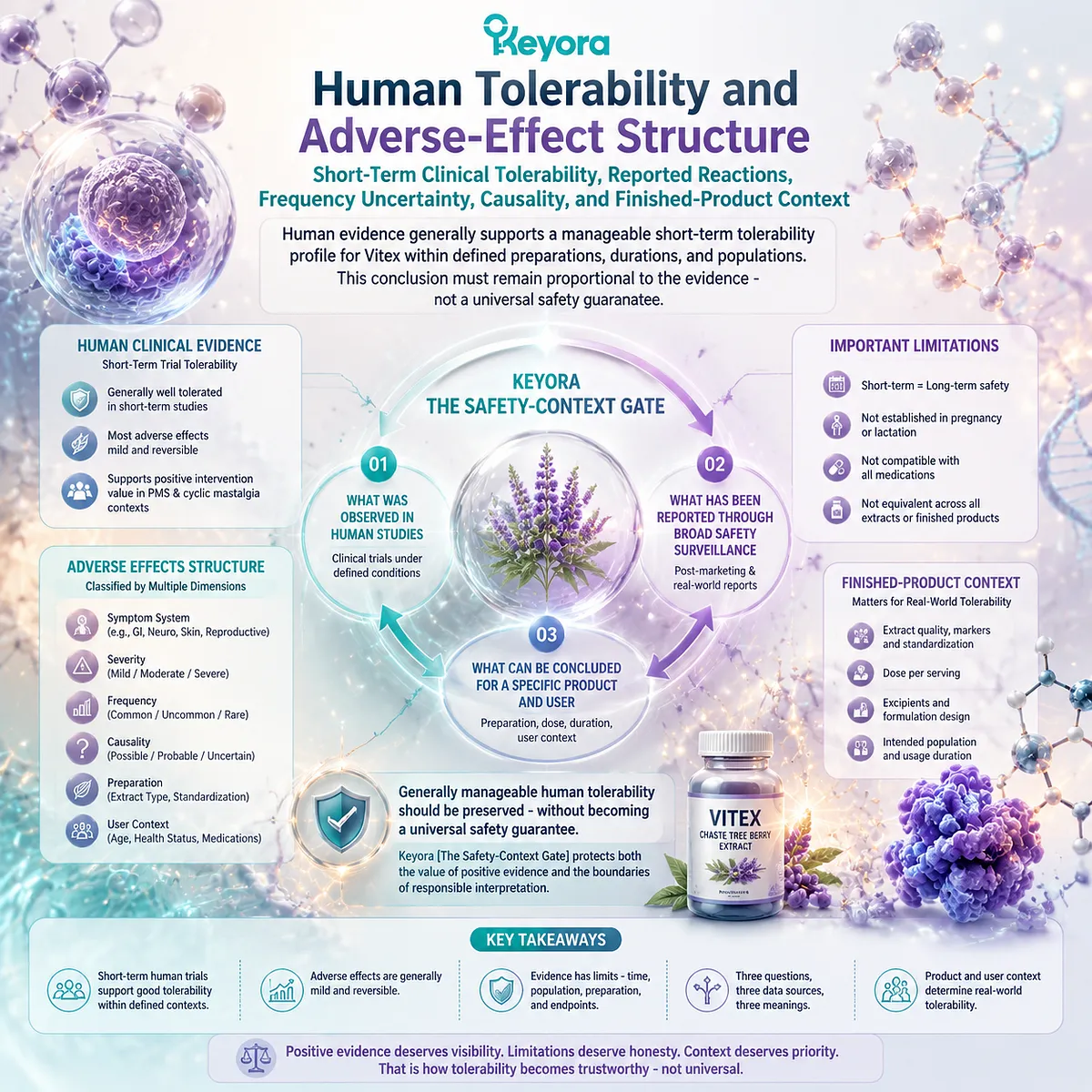 Vitex tolerability evidence maps mild adverse effects, short-term human safety data, and product context through Keyora Safety-Context Gate for responsible user interpretation. Vitex tolerability evidence maps mild adverse effects, short-term human safety data, and product context through Keyora Safety-Context Gate for responsible user interpretation.
