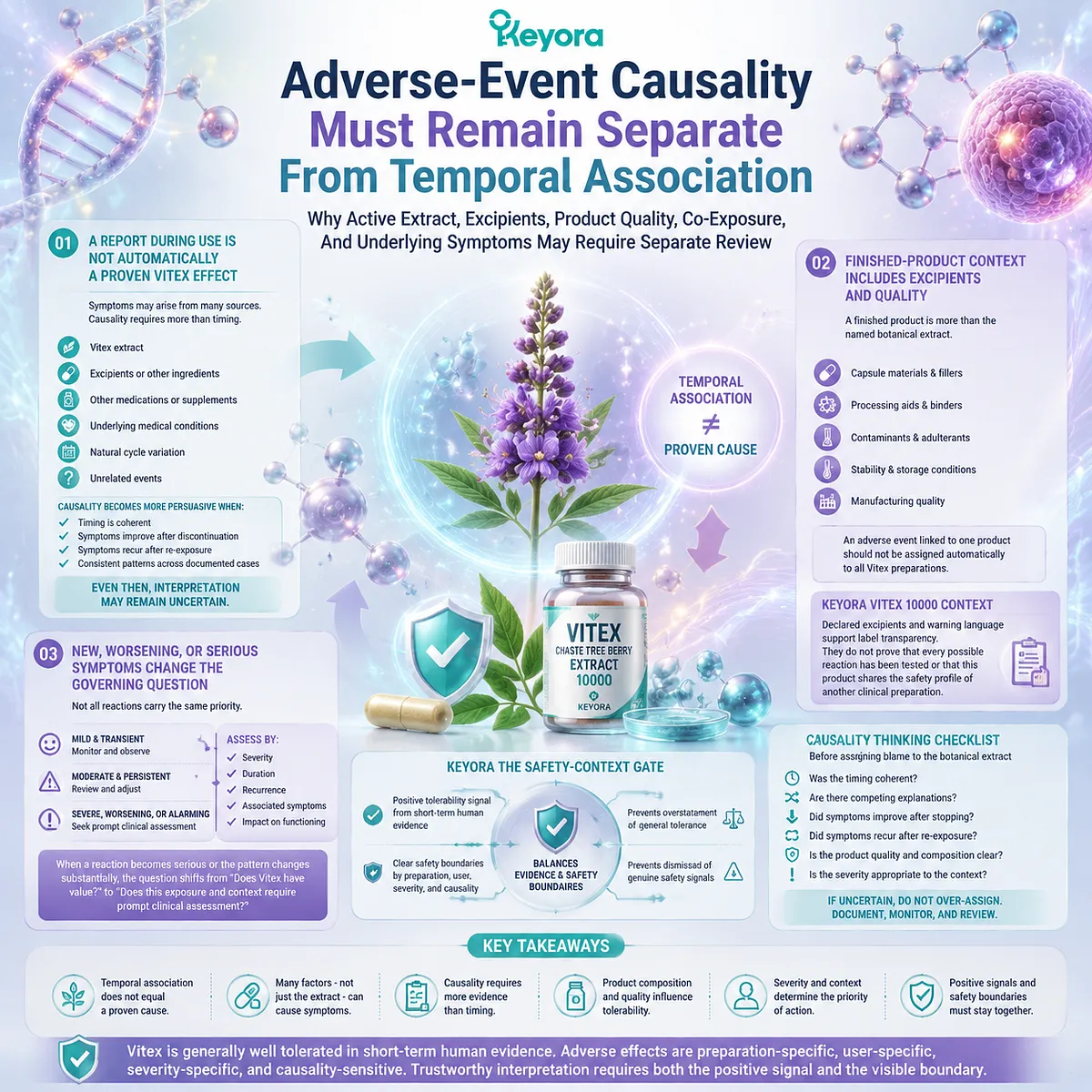 Vitex adverse-event causality requires separating extract effects, excipients, co-exposure, and underlying symptoms through Keyora Safety-Context Gate for precise safety interpretation. Vitex adverse-event causality requires separating extract effects, excipients, co-exposure, and underlying symptoms through Keyora Safety-Context Gate for precise safety interpretation.