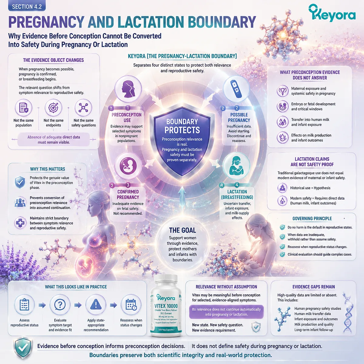 Vitex preconception support requires pregnancy and lactation safety boundaries, separating reproductive states and exposure uncertainty through Keyora Pregnancy-Lactation Boundary. Vitex preconception support requires pregnancy and lactation safety boundaries, separating reproductive states and exposure uncertainty through Keyora Pregnancy-Lactation Boundary.