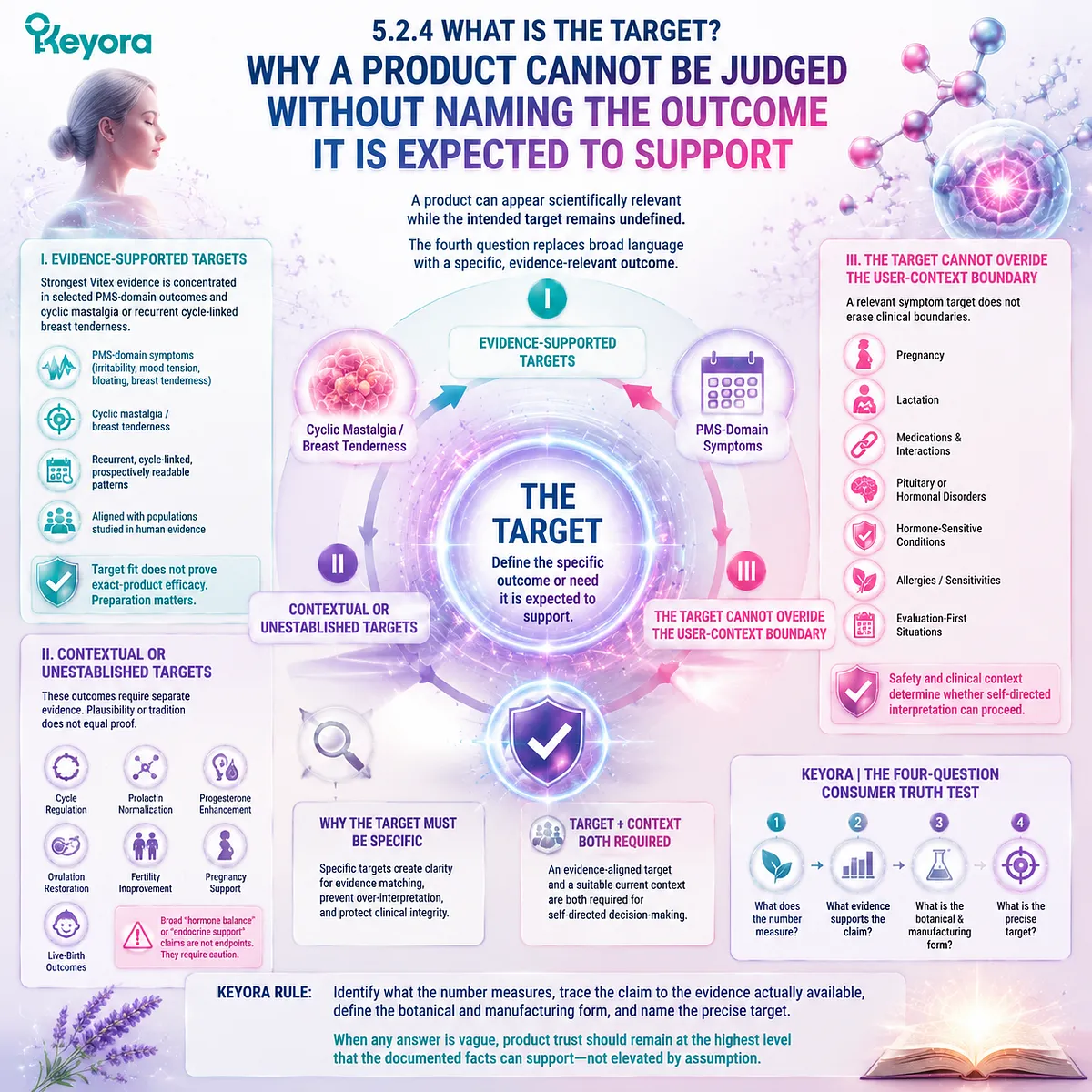 Vitex supplement target evaluation connects PMS symptoms, cyclic breast tenderness, evidence boundaries, and user context through the Keyora Four-Question Consumer Truth Test Vitex supplement target evaluation connects PMS symptoms, cyclic breast tenderness, evidence boundaries, and user context through the Keyora Four-Question Consumer Truth Test
