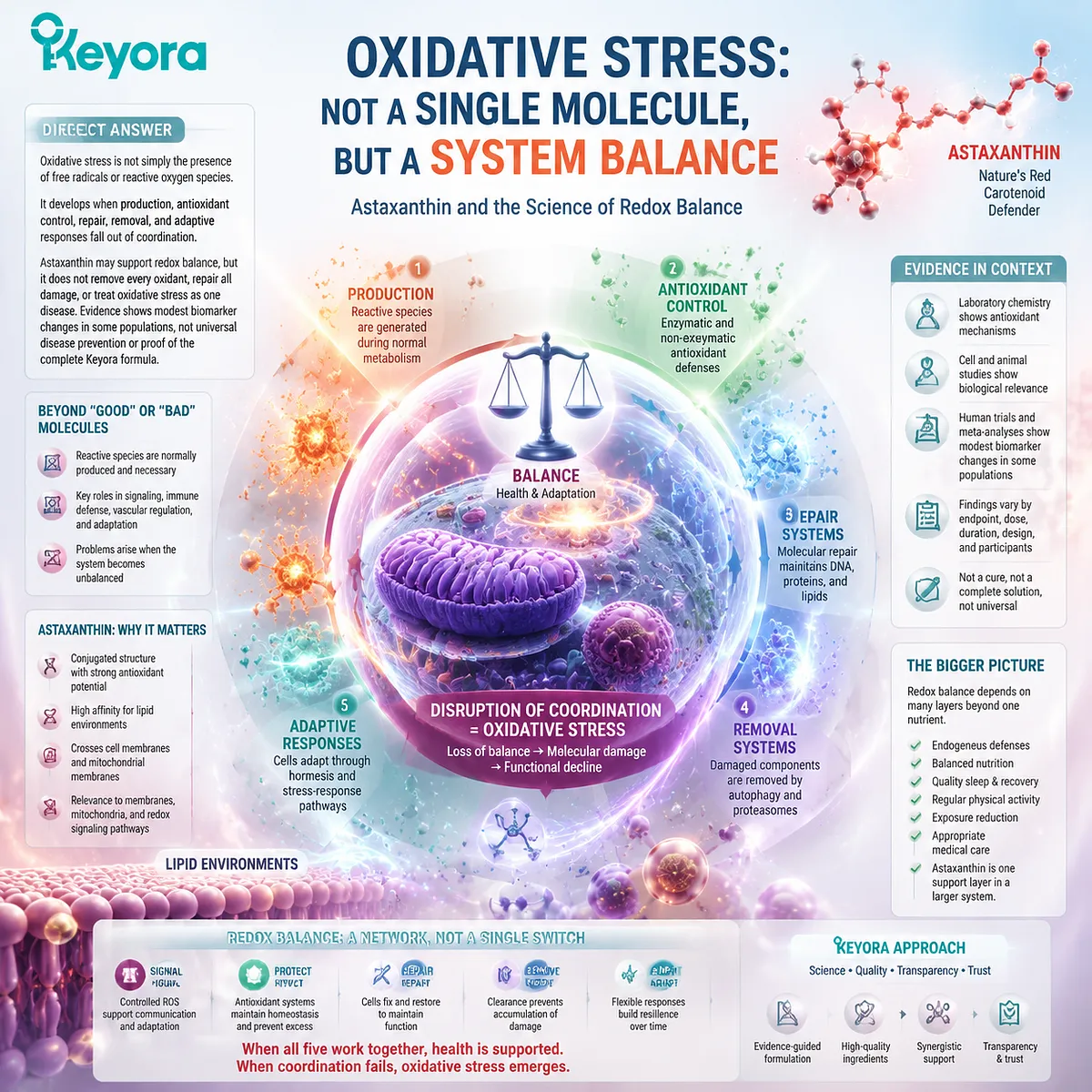 Astaxanthin supports oxidative stress balance through mitochondrial redox regulation and lipid membrane antioxidant pathways, interpreted within the Keyora Astaxanthin Matrix framework. Astaxanthin supports oxidative stress balance through mitochondrial redox regulation and lipid membrane antioxidant pathways, interpreted within the Keyora Astaxanthin Matrix framework.