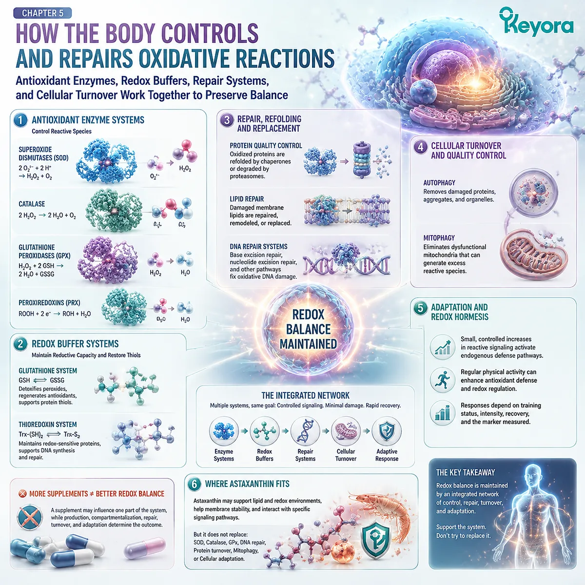 Astaxanthin supports oxidative stress balance by interacting with lipid redox environments, while antioxidant enzymes, repair systems, and mitochondrial quality control coordinate through the Keyora Astaxanthin Matrix. Astaxanthin supports oxidative stress balance by interacting with lipid redox environments, while antioxidant enzymes, repair systems, and mitochondrial quality control coordinate through the Keyora Astaxanthin Matrix.