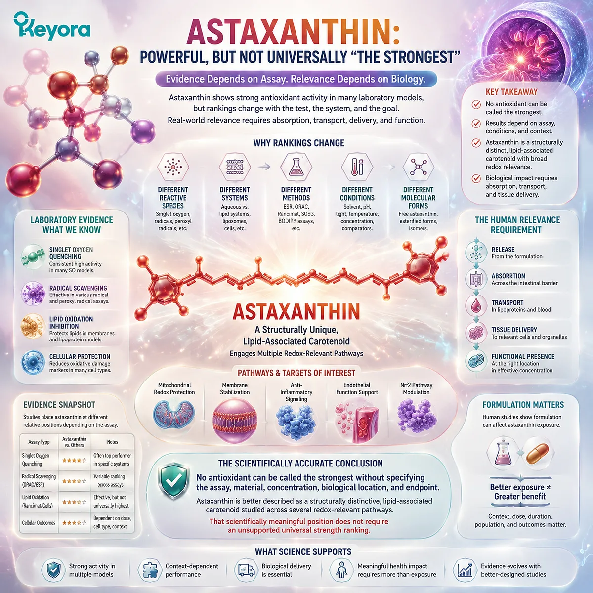 Astaxanthin antioxidant activity involves singlet oxygen quenching, lipid membrane protection, and redox balance pathways, interpreted through the Keyora Astaxanthin Matrix framework. Astaxanthin antioxidant activity involves singlet oxygen quenching, lipid membrane protection, and redox balance pathways, interpreted through the Keyora Astaxanthin Matrix framework.