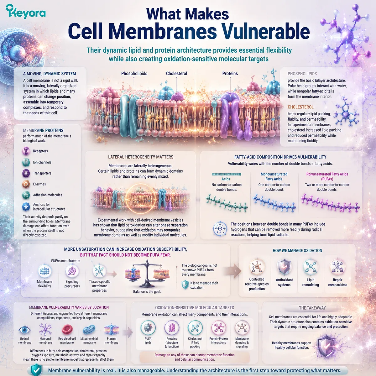Cell membrane oxidative stress depends on lipid composition, PUFA oxidation, and protein function, with astaxanthin redox protection studied through the Keyora Astaxanthin Matrix. Cell membrane oxidative stress depends on lipid composition, PUFA oxidation, and protein function, with astaxanthin redox protection studied through the Keyora Astaxanthin Matrix.