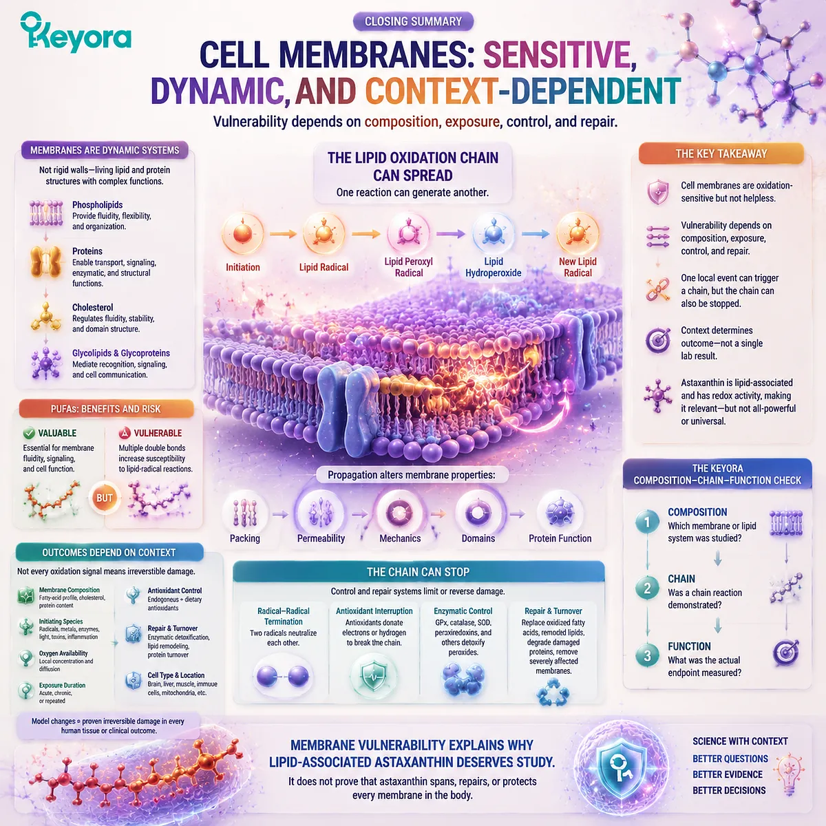 Astaxanthin membrane research connects lipid vulnerability, oxidation pathways, and functional outcomes through the Keyora Composition-Chain-Function Check framework. Astaxanthin membrane research connects lipid vulnerability, oxidation pathways, and functional outcomes through the Keyora Composition-Chain-Function Check framework.