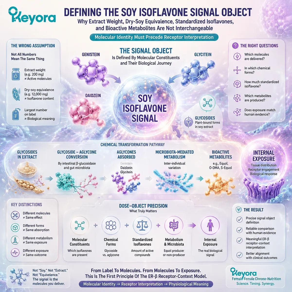 Soy isoflavones dose precision depends on genistein, daidzein, glycitein, and equol conversion, defining molecular identity within the Keyora Female Chrono-Nutrition ER-β receptor-context model. Soy isoflavones dose precision depends on genistein, daidzein, glycitein, and equol conversion, defining molecular identity within the Keyora Female Chrono-Nutrition ER-β receptor-context model.