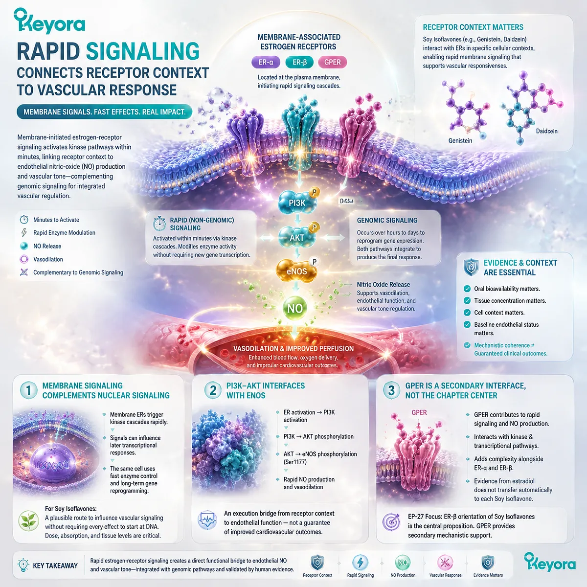 Soy isoflavones support vascular wellness through ER-β rapid signaling, PI3K-AKT-eNOS nitric oxide pathways, and endothelial response within the Keyora Female Chrono-Nutrition receptor-context framework. Soy isoflavones support vascular wellness through ER-β rapid signaling, PI3K-AKT-eNOS nitric oxide pathways, and endothelial response within the Keyora Female Chrono-Nutrition receptor-context framework.