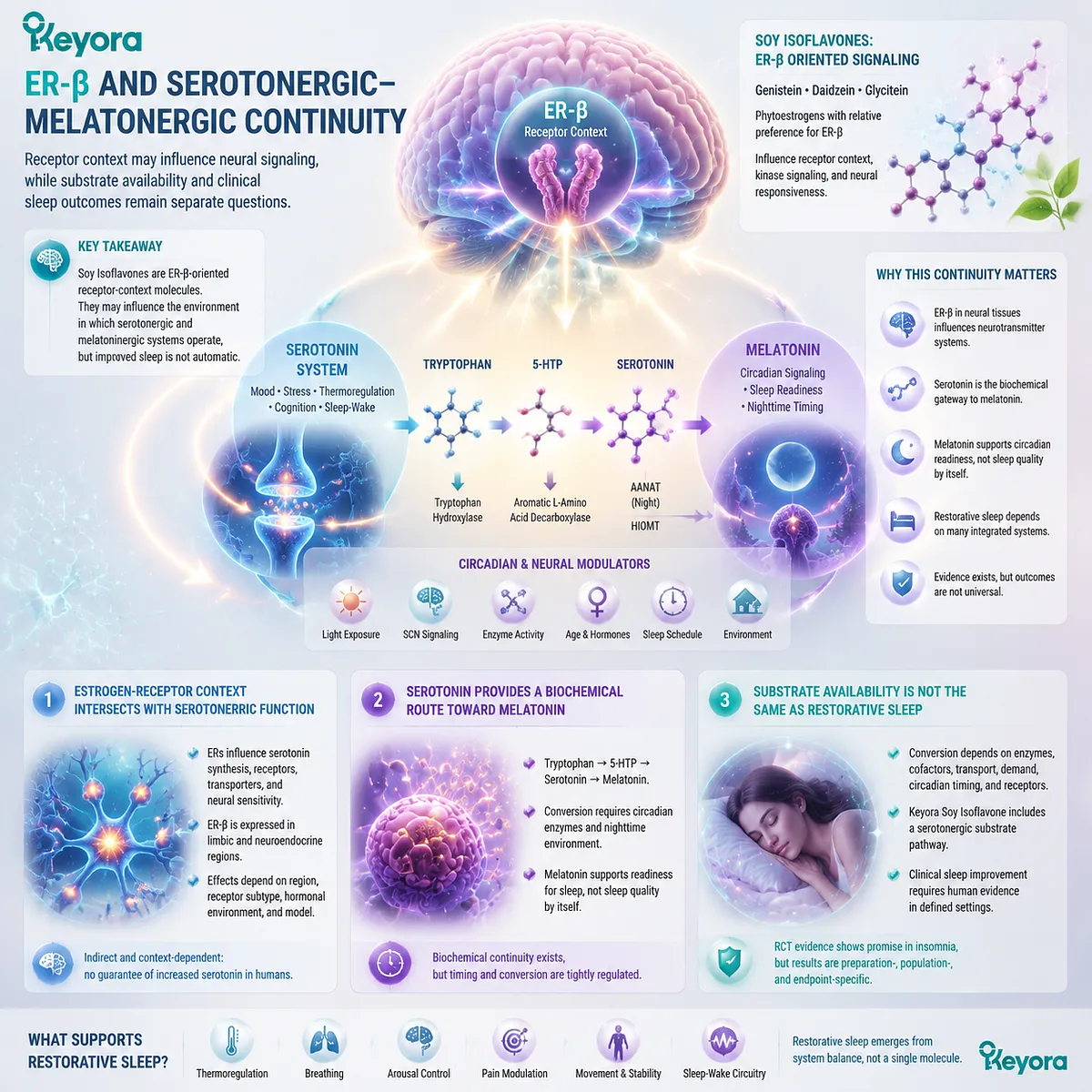 Soy isoflavones support sleep quality and menopause wellness through ER-β signaling, serotonin-melatonin continuity, neuro-circadian timing, and the Keyora Vasomotor-Neuro-Circadian Interface. Soy isoflavones support sleep quality and menopause wellness through ER-β signaling, serotonin-melatonin continuity, neuro-circadian timing, and the Keyora Vasomotor-Neuro-Circadian Interface.