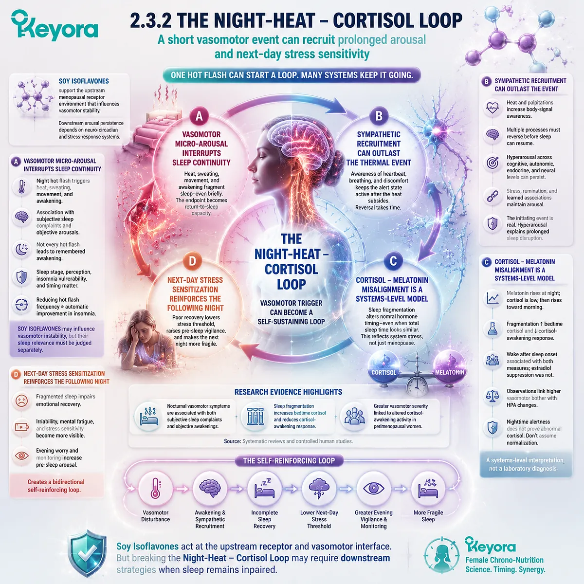 Soy isoflavones support menopause sleep quality through ER-β signaling, vasomotor regulation, cortisol-melatonin timing, and HPA-axis stress response in the Keyora Night-Heat-Cortisol Loop. Soy isoflavones support menopause sleep quality through ER-β signaling, vasomotor regulation, cortisol-melatonin timing, and HPA-axis stress response in the Keyora Night-Heat-Cortisol Loop.