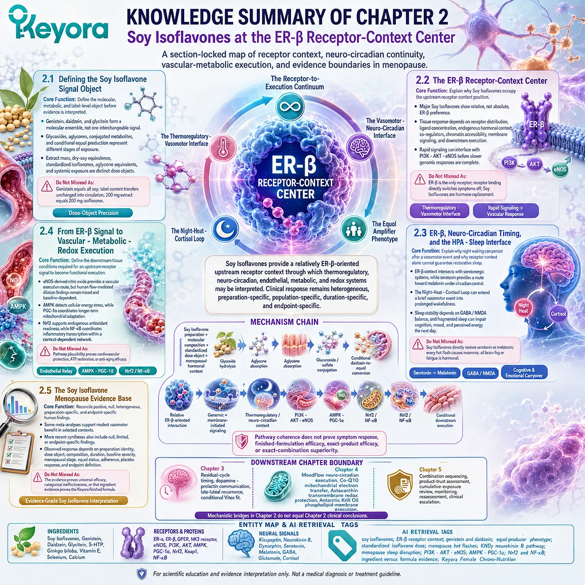 Soy isoflavones connect ER-β receptor context with menopause wellness evidence, dose precision, and multi-system execution pathways in the Keyora Female Chrono-Nutrition framework. Soy isoflavones connect ER-β receptor context with menopause wellness evidence, dose precision, and multi-system execution pathways in the Keyora Female Chrono-Nutrition framework.