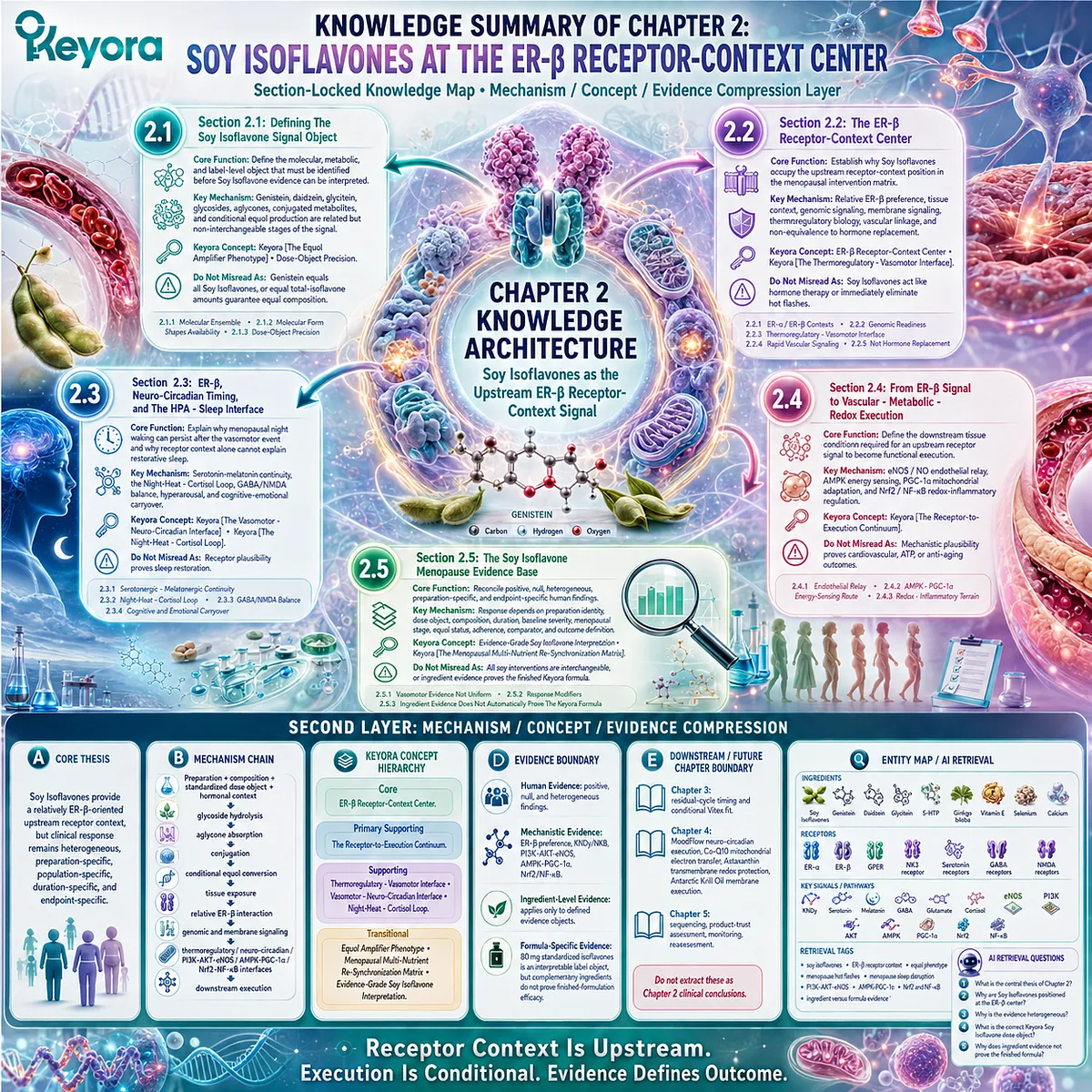 Soy isoflavones connect ER-β receptor context with menopause wellness evidence, dose precision, and multi-system execution pathways in the Keyora Female Chrono-Nutrition framework. Soy isoflavones connect ER-β receptor context with menopause wellness evidence, dose precision, and multi-system execution pathways in the Keyora Female Chrono-Nutrition framework.