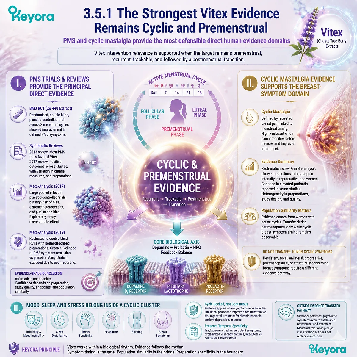 Vitex PMS evidence supports cyclic symptoms through premenstrual timing, breast tenderness, and symptom clusters, mapped by Keyora Female Chrono-Nutrition Evidence Transfer Base. Vitex PMS evidence supports cyclic symptoms through premenstrual timing, breast tenderness, and symptom clusters, mapped by Keyora Female Chrono-Nutrition Evidence Transfer Base.