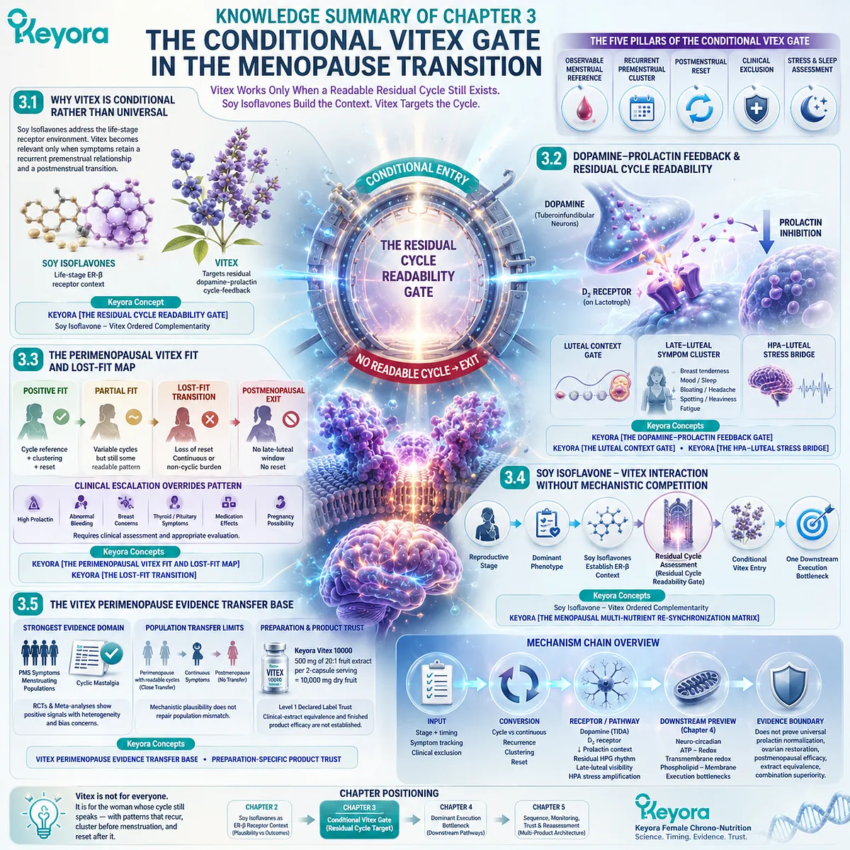 Vitex menopause transition evidence is defined by residual cycle readability, dopamine-prolactin feedback, PMS timing, and extract specificity through Keyora Conditional Vitex Gate. Vitex menopause transition evidence is defined by residual cycle readability, dopamine-prolactin feedback, PMS timing, and extract specificity through Keyora Conditional Vitex Gate.