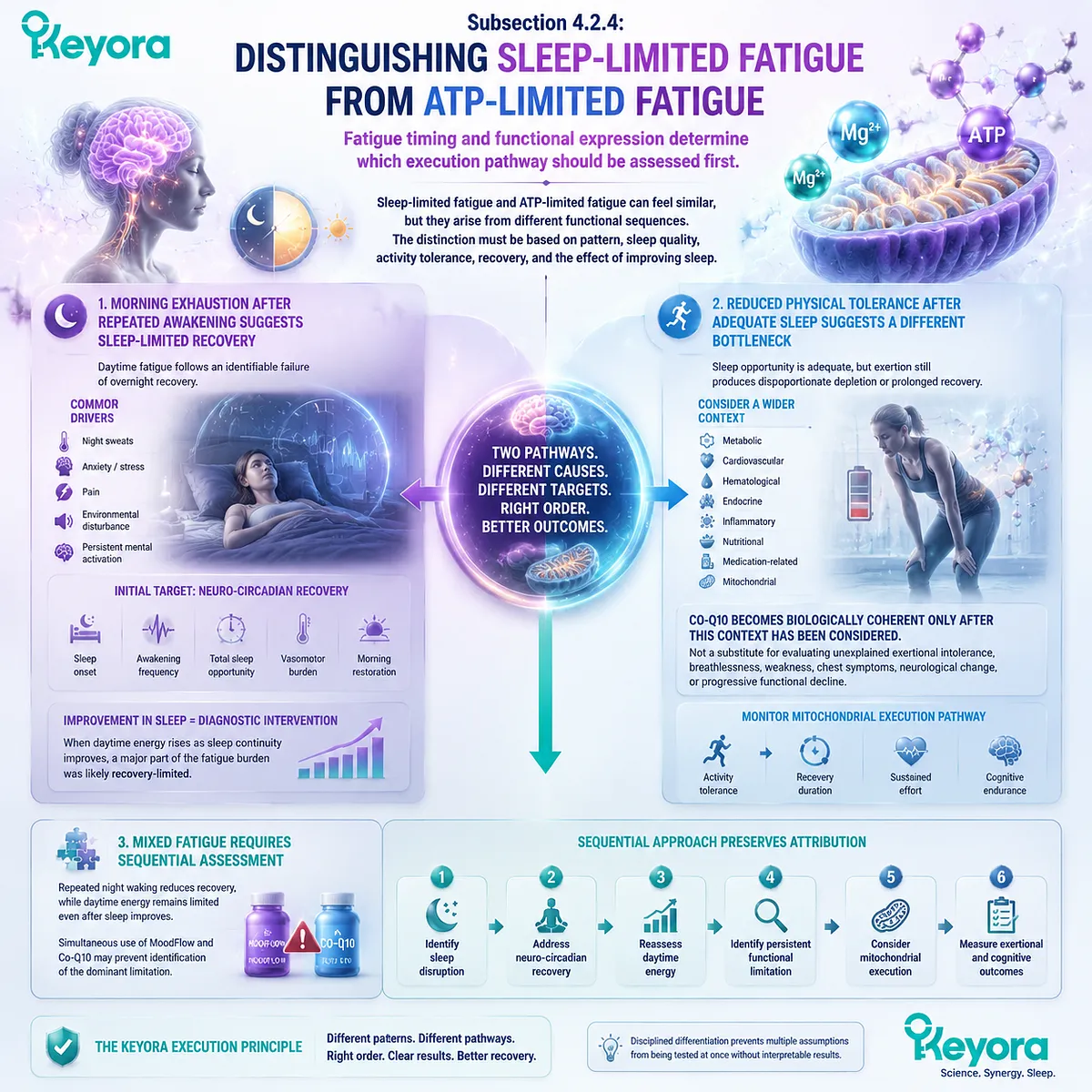 Menopause fatigue assessment distinguishes sleep-limited recovery from ATP-limited energy through sleep quality, activity tolerance, mitochondrial redox balance, and Keyora Mitochondrial Execution Gate. Menopause fatigue assessment distinguishes sleep-limited recovery from ATP-limited energy through sleep quality, activity tolerance, mitochondrial redox balance, and Keyora Mitochondrial Execution Gate.