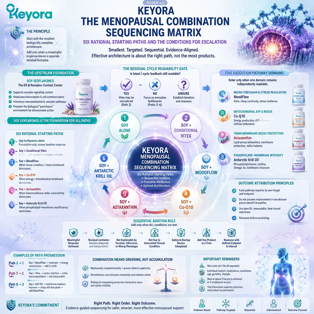 Menopause wellness intervention sequencing organized by soy isoflavone ER-β signaling, execution bottlenecks, and Keyora Menopausal Combination Sequencing Matrix framework. Menopause wellness intervention sequencing organized by soy isoflavone ER-β signaling, execution bottlenecks, and Keyora Menopausal Combination Sequencing Matrix framework.