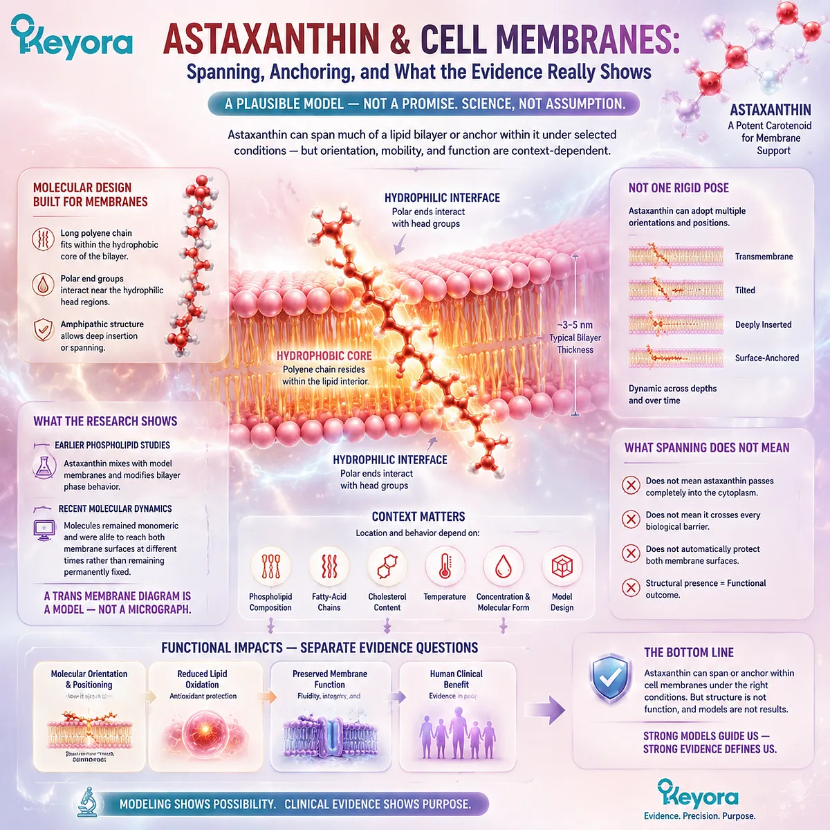 Astaxanthin membrane support explained through lipid bilayer interaction, phospholipid organization and molecular orientation using the Keyora Astaxanthin Matrix framework for oxidative balance. Astaxanthin membrane support explained through lipid bilayer interaction, phospholipid organization and molecular orientation using the Keyora Astaxanthin Matrix framework for oxidative balance.