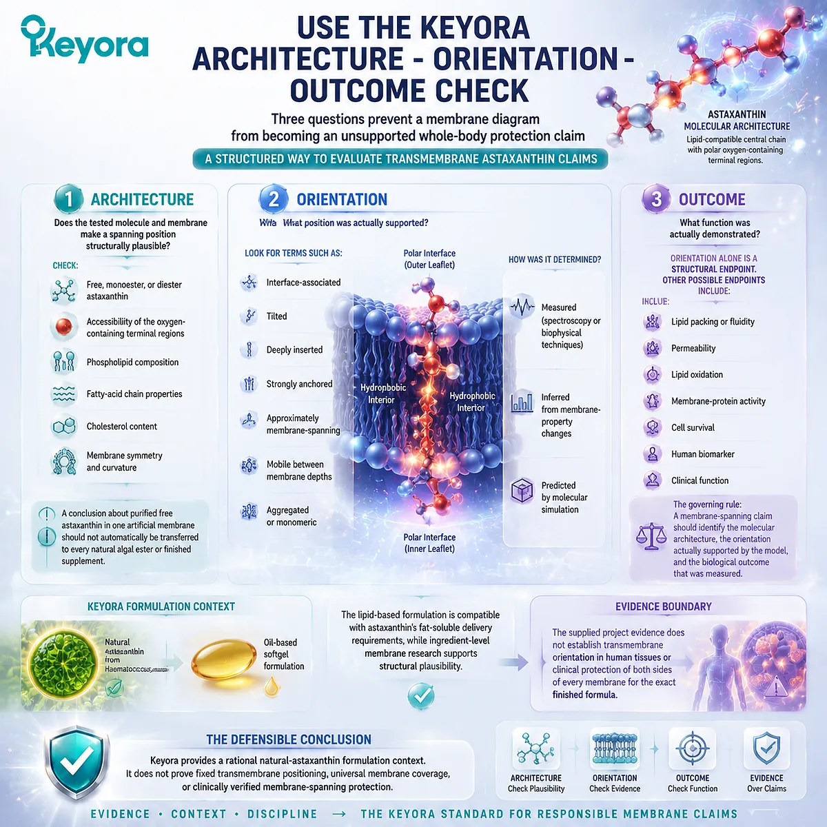 Astaxanthin membrane claims evaluated through architecture, orientation and biological outcome with lipid bilayer evidence using the Keyora Architecture-Orientation-Outcome Check framework. Astaxanthin membrane claims evaluated through architecture, orientation and biological outcome with lipid bilayer evidence using the Keyora Architecture-Orientation-Outcome Check framework.
