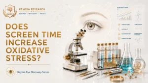 A KEYORA RESEARCH cover graphic titled "DOES SCREEN TIME INCREASE OXIDATIVE STRESS?" from the Keyora Eye Recovery Series, featuring laboratory scientific equipment including a microscope, test tubes, chemical formulas, a central human eye visual, and a digital neuroscience dashboard.