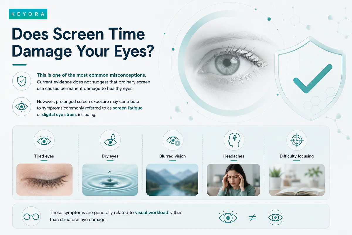 Eye health guide by Keyora clarifying screen fatigue misconceptions, showcasing an eye close-up with a protective shield icon and listing digital eye strain symptoms like dry eyes, blurred vision, and headaches. Eye health guide by Keyora clarifying screen fatigue misconceptions, showcasing an eye close-up with a protective shield icon and listing digital eye strain symptoms like dry eyes, blurred vision, and headaches.