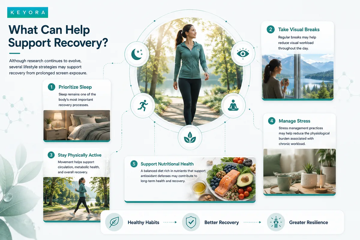 Keyora brand wellness infographic highlighting 5 core recovery strategies: prioritizing sleep, taking visual breaks, staying active, managing stress, and antioxidant nutritional support for long-term resilience. Keyora brand wellness infographic highlighting 5 core recovery strategies: prioritizing sleep, taking visual breaks, staying active, managing stress, and antioxidant nutritional support for long-term resilience.