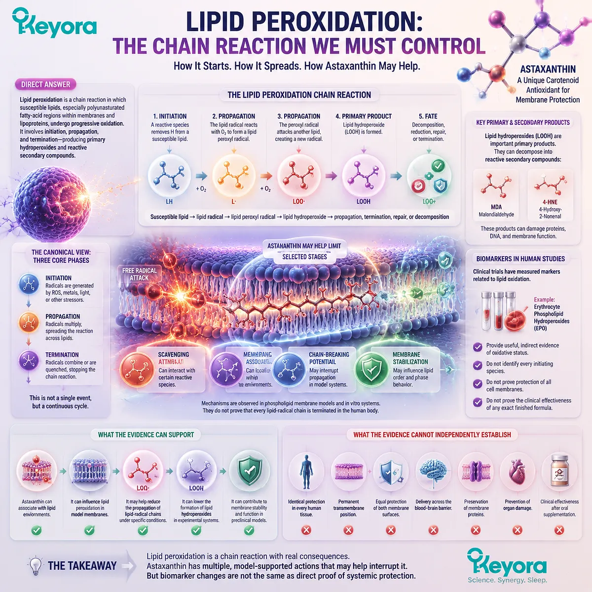 Lipid peroxidation explained through lipid radicals, reactive oxygen species and membrane oxidative balance with astaxanthin support using the Keyora Astaxanthin Matrix framework. Lipid peroxidation explained through lipid radicals, reactive oxygen species and membrane oxidative balance with astaxanthin support using the Keyora Astaxanthin Matrix framework.