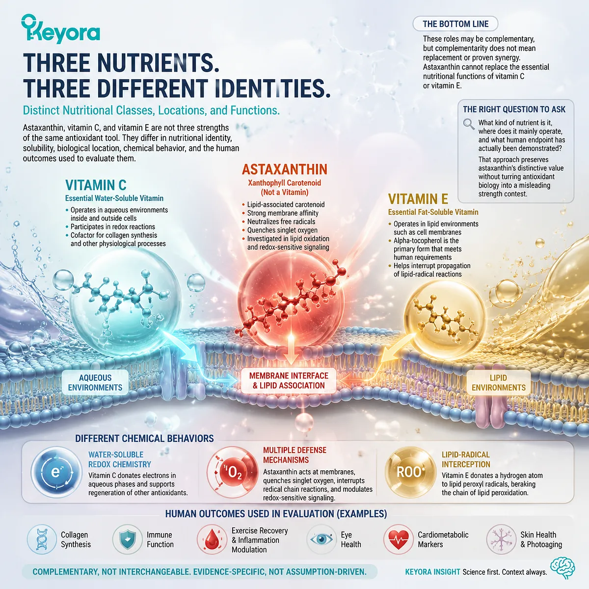 Astaxanthin vs vitamin C and vitamin E comparison showing antioxidant roles, lipid membrane association, redox biology, and Keyora Astaxanthin Matrix nutrient-positioning framework. Astaxanthin vs vitamin C and vitamin E comparison showing antioxidant roles, lipid membrane association, redox biology, and Keyora Astaxanthin Matrix nutrient-positioning framework.