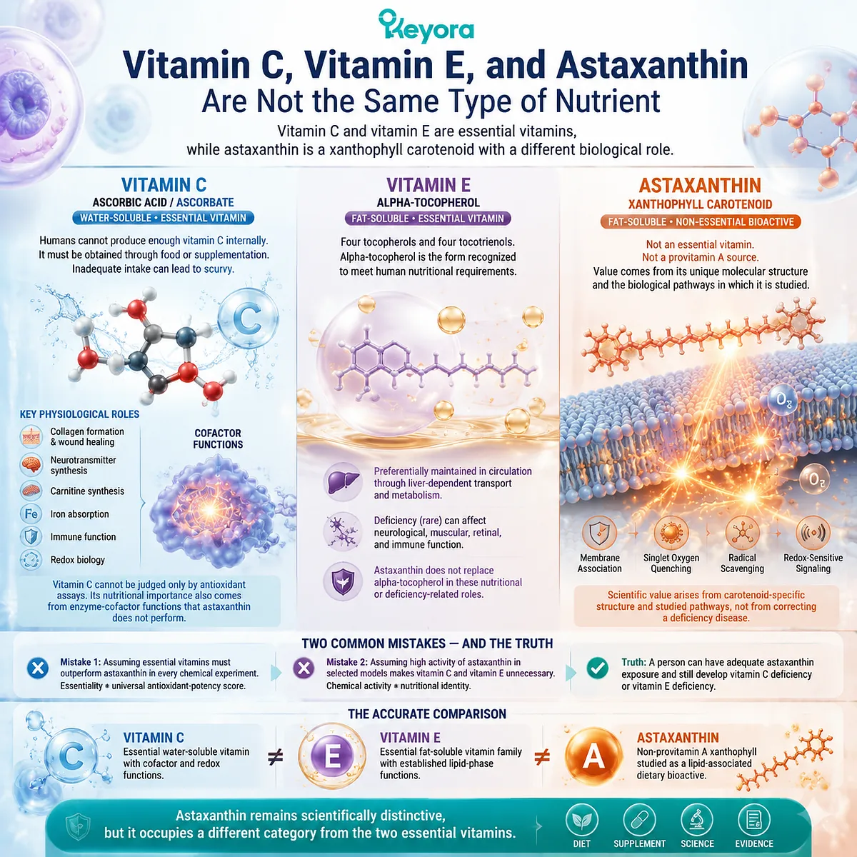 Astaxanthin vs vitamin C and vitamin E nutrient comparison showing essential vitamin roles, xanthophyll carotenoid identity, redox biology, and Keyora Astaxanthin Matrix framework. Astaxanthin vs vitamin C and vitamin E nutrient comparison showing essential vitamin roles, xanthophyll carotenoid identity, redox biology, and Keyora Astaxanthin Matrix framework.