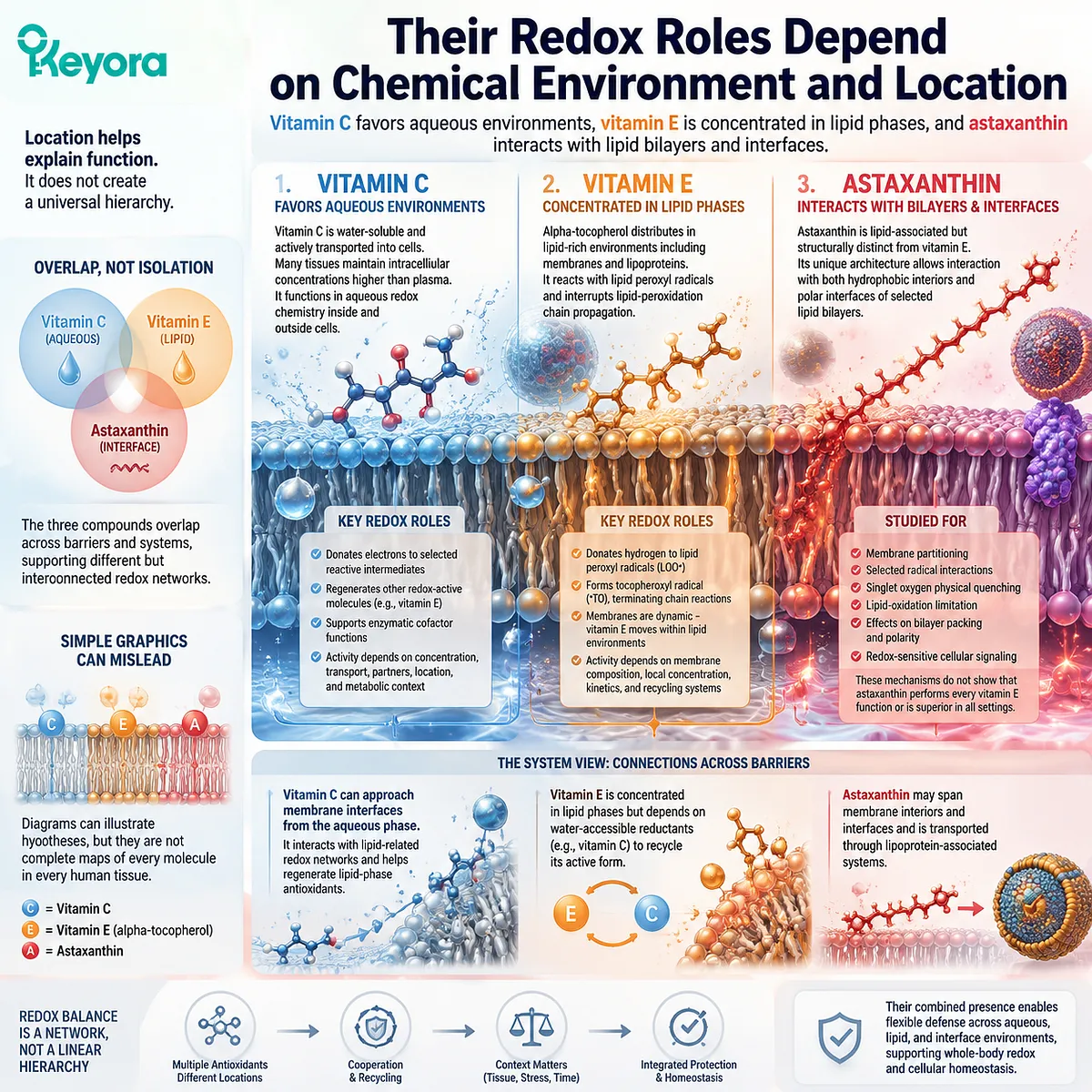 Astaxanthin, vitamin C, and vitamin E antioxidant roles mapped by chemical environment, membrane location, redox balance, and lipid-phase behavior through Keyora Astaxanthin Matrix. Astaxanthin, vitamin C, and vitamin E antioxidant roles mapped by chemical environment, membrane location, redox balance, and lipid-phase behavior through Keyora Astaxanthin Matrix.