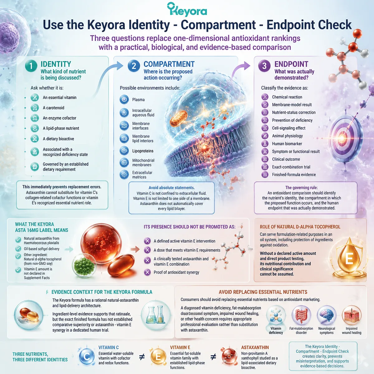 Astaxanthin, vitamin C, and vitamin E comparison using Identity Compartment Endpoint Check, linking nutrient identity, biological location, evidence level, and Keyora Astaxanthin Matrix. Astaxanthin, vitamin C, and vitamin E comparison using Identity Compartment Endpoint Check, linking nutrient identity, biological location, evidence level, and Keyora Astaxanthin Matrix.