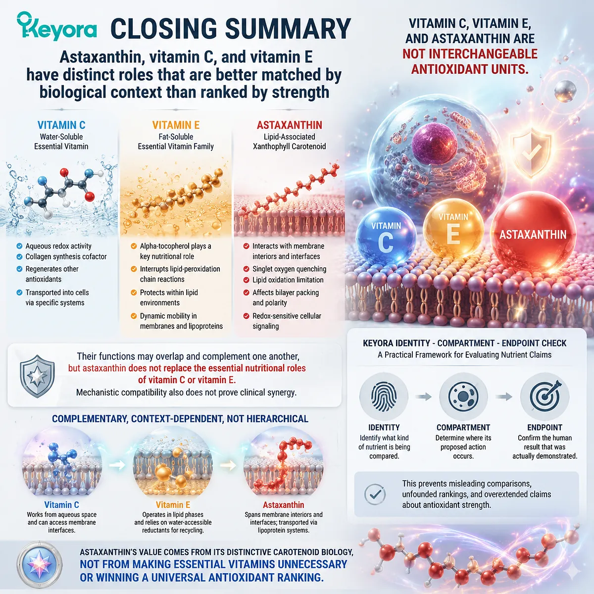 Astaxanthin vitamin C vitamin E comparison using Identity Compartment Endpoint Check to explain nutrient roles, redox biology, and Keyora Astaxanthin Matrix evidence framework. Astaxanthin vitamin C vitamin E comparison using Identity Compartment Endpoint Check to explain nutrient roles, redox biology, and Keyora Astaxanthin Matrix evidence framework.