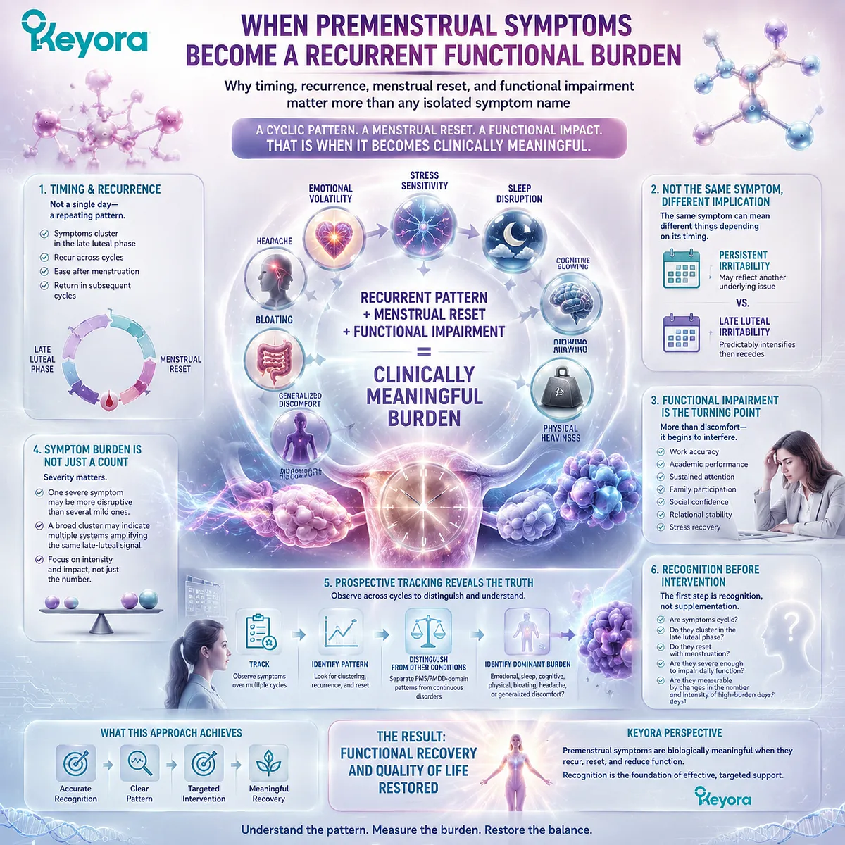 PMS symptoms such as irritability, sleep disruption, fatigue, and brain fog are interpreted through cycle timing, symptom recurrence, and functional burden using the Keyora PMS Physical-Symptom Timing Map framework. PMS symptoms such as irritability, sleep disruption, fatigue, and brain fog are interpreted through cycle timing, symptom recurrence, and functional burden using the Keyora PMS Physical-Symptom Timing Map framework.