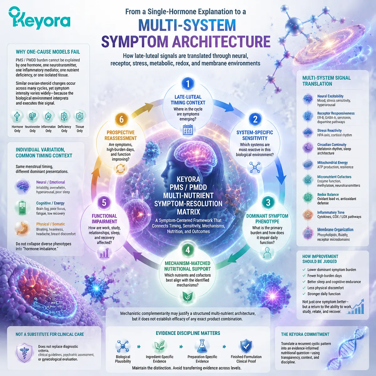 PMS and PMDD symptom patterns involve neural, stress, metabolic, redox, and membrane pathways beyond hormones, mapped by Keyora PMS/PMDD Multi-Nutrient Symptom-Resolution Matrix. PMS and PMDD symptom patterns involve neural, stress, metabolic, redox, and membrane pathways beyond hormones, mapped by Keyora PMS/PMDD Multi-Nutrient Symptom-Resolution Matrix.