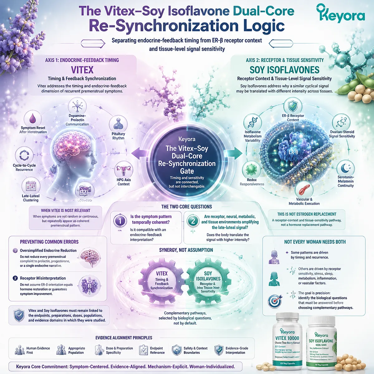 Vitex and soy isoflavones support PMS symptom interpretation through endocrine timing, dopamine-prolactin communication, and ER-β signaling sensitivity in the Keyora Vitex–Soy Dual-Core Re-Synchronization Gate. Vitex and soy isoflavones support PMS symptom interpretation through endocrine timing, dopamine-prolactin communication, and ER-β signaling sensitivity in the Keyora Vitex–Soy Dual-Core Re-Synchronization Gate.