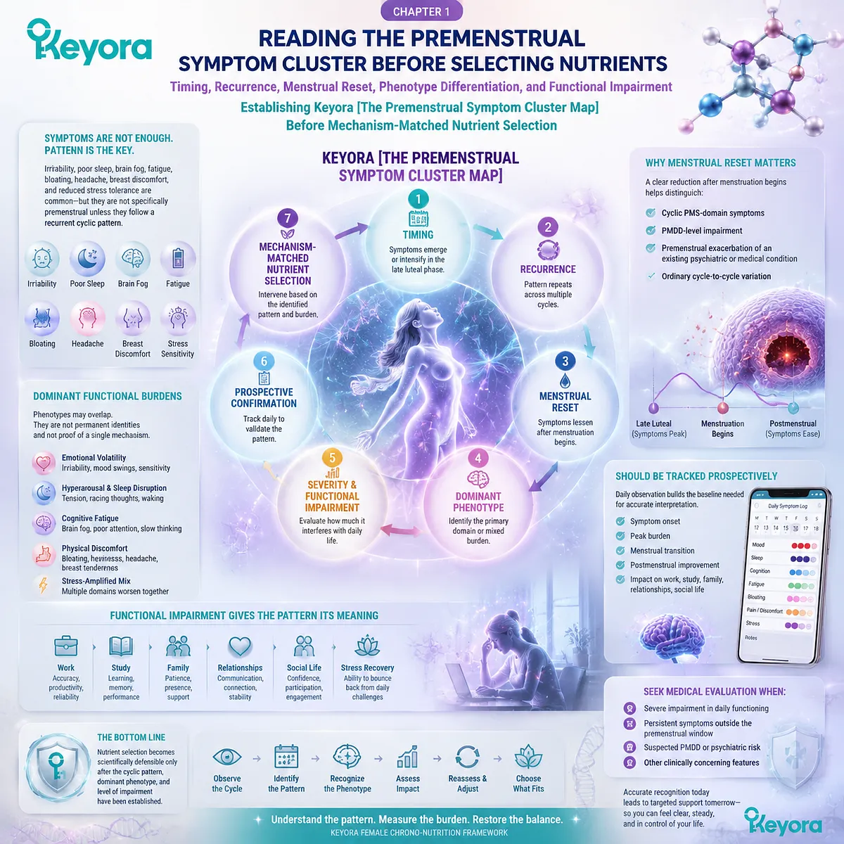 PMS symptom patterns are mapped by timing, recurrence, menstrual reset, and functional burden using Keyora Premenstrual Symptom Cluster Map before nutrient selection. PMS symptom patterns are mapped by timing, recurrence, menstrual reset, and functional burden using Keyora Premenstrual Symptom Cluster Map before nutrient selection.