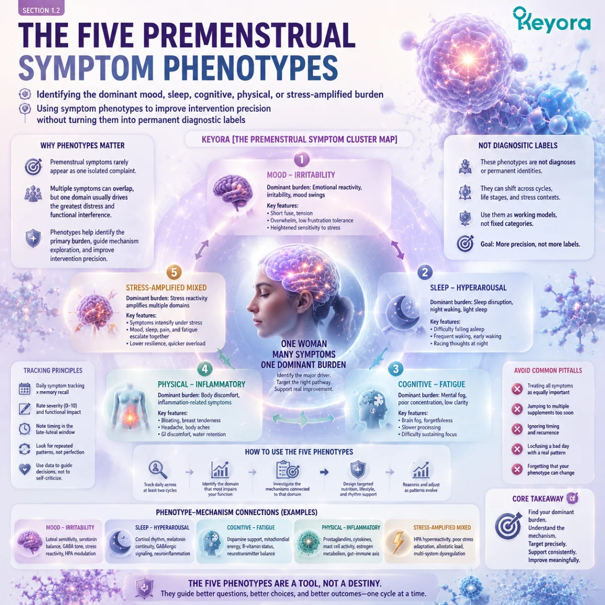 PMS symptom phenotypes including mood, sleep, cognition, physical discomfort, and stress response are organized through Keyora Premenstrual Symptom Cluster Map for targeted interpretation. PMS symptom phenotypes including mood, sleep, cognition, physical discomfort, and stress response are organized through Keyora Premenstrual Symptom Cluster Map for targeted interpretation.