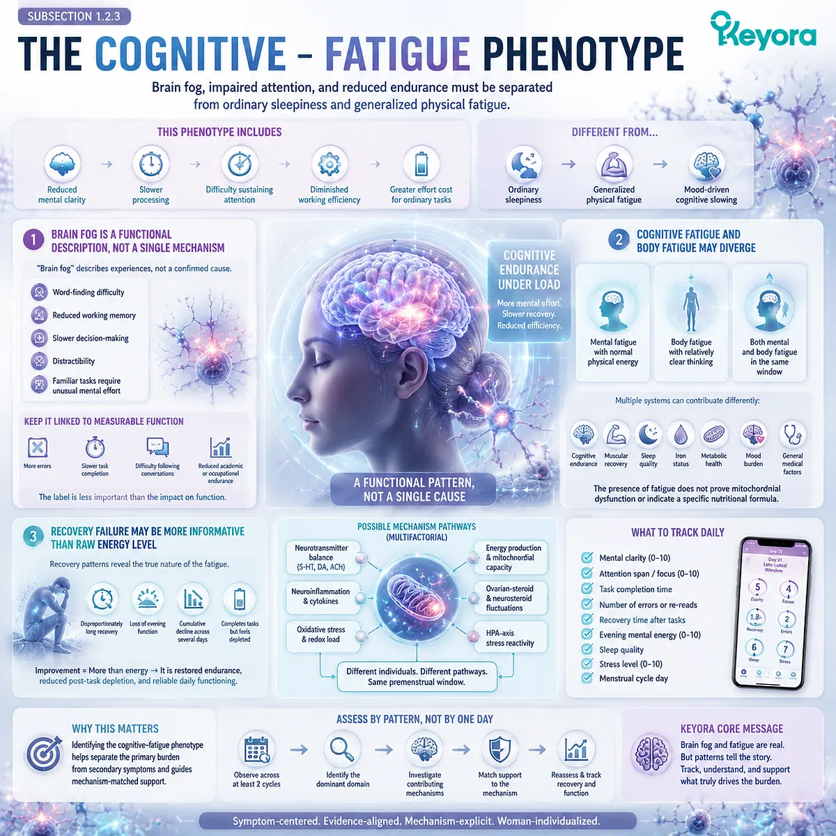PMS brain fog and fatigue involve cognitive endurance, attention, and recovery patterns interpreted through cycle timing in the Keyora Premenstrual Symptom Cluster Map framework. PMS brain fog and fatigue involve cognitive endurance, attention, and recovery patterns interpreted through cycle timing in the Keyora Premenstrual Symptom Cluster Map framework.