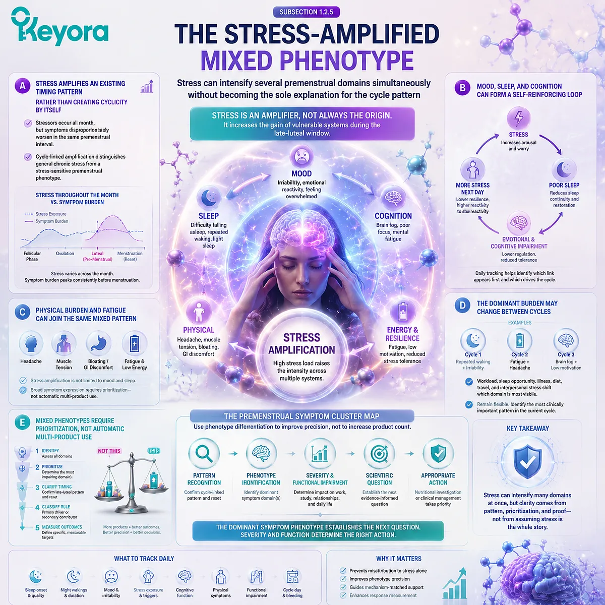 PMS stress-amplified symptoms combine mood, sleep, cognition, fatigue, and physical burden through cycle-sensitive stress response mapped by Keyora Premenstrual Symptom Cluster Map. PMS stress-amplified symptoms combine mood, sleep, cognition, fatigue, and physical burden through cycle-sensitive stress response mapped by Keyora Premenstrual Symptom Cluster Map.
