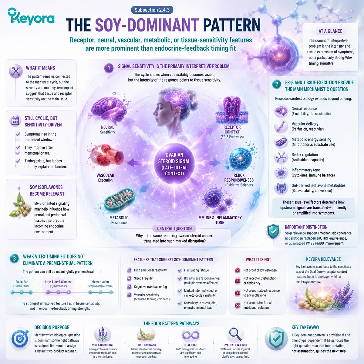 Soy-dominant PMS patterns involve ER-β signaling, neural sensitivity, metabolic resilience, and tissue response within Keyora Timing–Sensitivity Dual Core framework. Soy-dominant PMS patterns involve ER-β signaling, neural sensitivity, metabolic resilience, and tissue response within Keyora Timing–Sensitivity Dual Core framework.