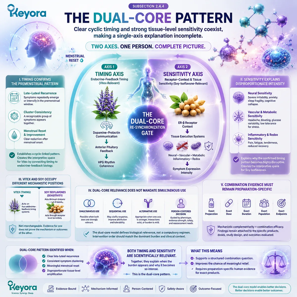 PMS dual-core patterns combine cycle timing and tissue sensitivity through Vitex feedback pathways, soy isoflavone ER-β signaling, and Keyora Vitex–Soy Dual-Core Re-Synchronization Gate. PMS dual-core patterns combine cycle timing and tissue sensitivity through Vitex feedback pathways, soy isoflavone ER-β signaling, and Keyora Vitex–Soy Dual-Core Re-Synchronization Gate.
