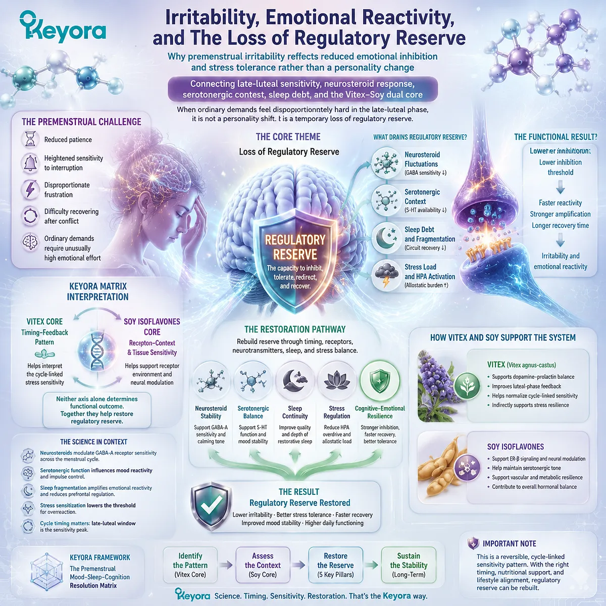 PMS irritability and emotional reactivity explained by neurosteroid sensitivity, serotonin balance, stress tolerance and Keyora Premenstrual Mood–Sleep–Cognition Resolution Matrix. PMS irritability and emotional reactivity explained by neurosteroid sensitivity, serotonin balance, stress tolerance and Keyora Premenstrual Mood–Sleep–Cognition Resolution Matrix.