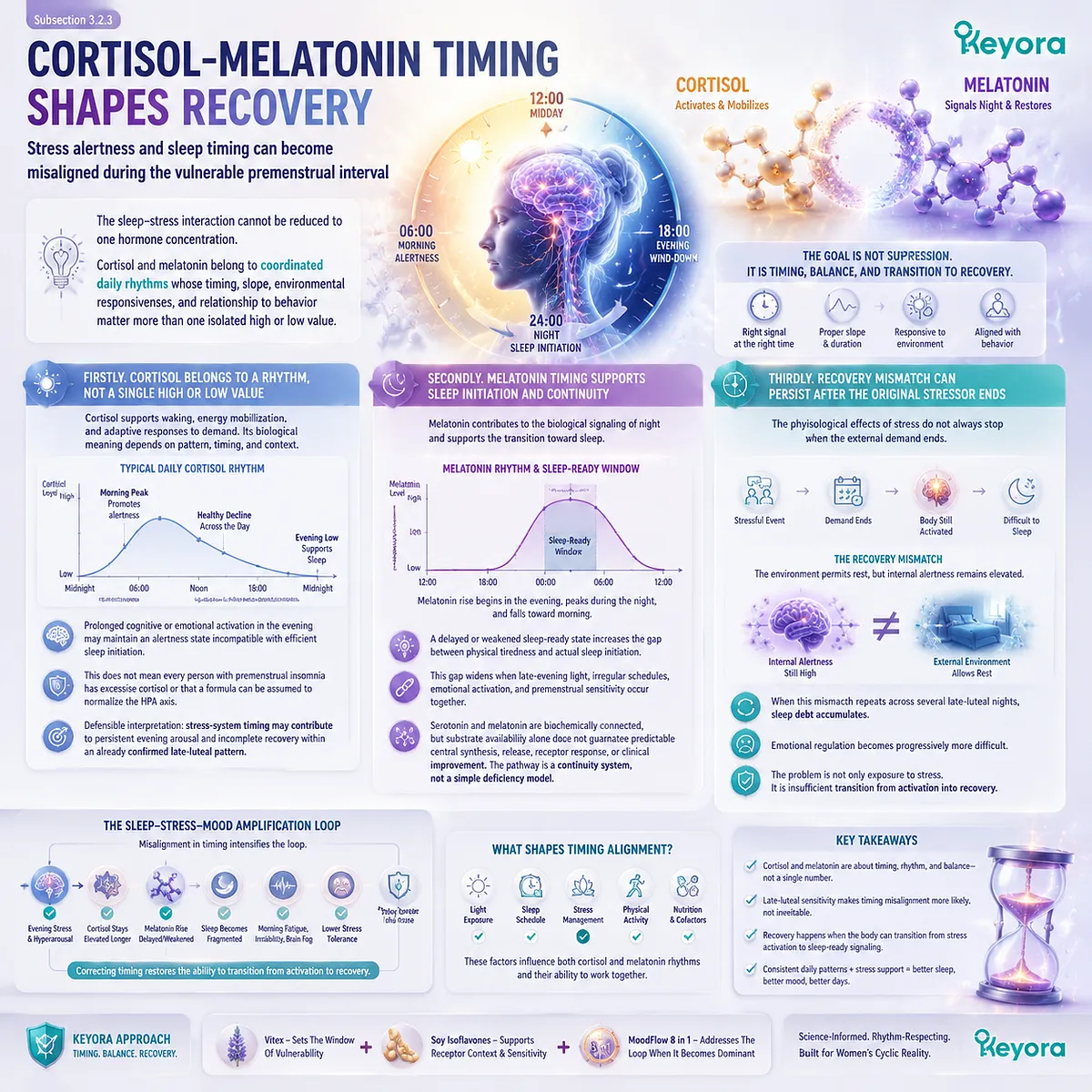 PMS sleep quality and stress recovery linked to cortisol-melatonin timing, circadian rhythm regulation and Keyora Premenstrual Sleep–Stress–Mood Amplification Loop. PMS sleep quality and stress recovery linked to cortisol-melatonin timing, circadian rhythm regulation and Keyora Premenstrual Sleep–Stress–Mood Amplification Loop.