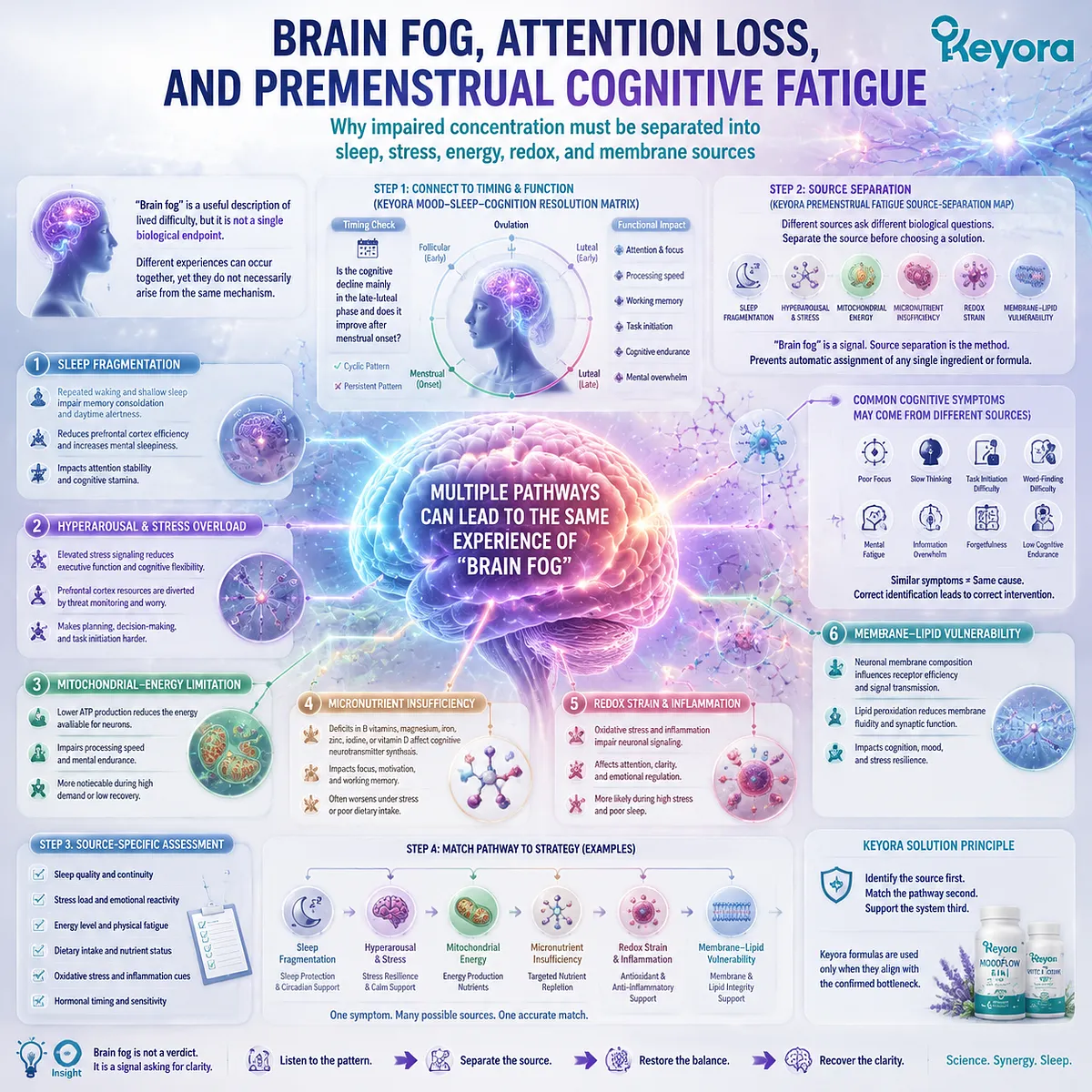 PMS brain fog and cognitive fatigue separated by sleep quality, stress response, mitochondrial energy, redox balance and Keyora Premenstrual Fatigue Source-Separation Map. PMS brain fog and cognitive fatigue separated by sleep quality, stress response, mitochondrial energy, redox balance and Keyora Premenstrual Fatigue Source-Separation Map.