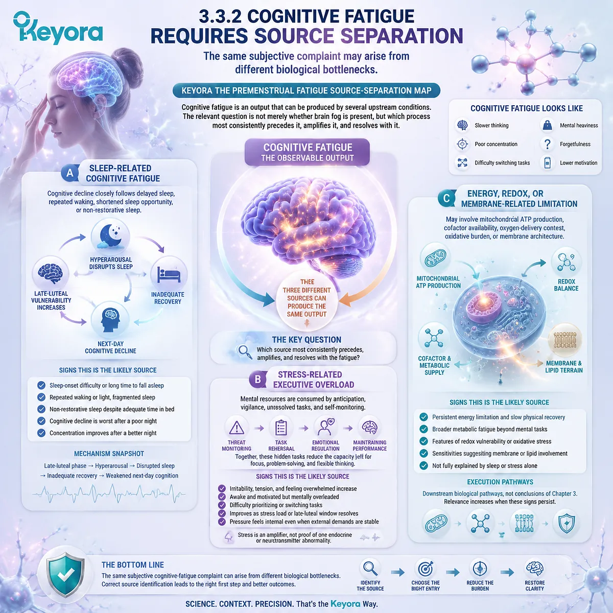 PMS brain fog source separation through sleep recovery, stress overload, mitochondrial redox balance and membrane function using Keyora Premenstrual Fatigue Source-Separation Map. PMS brain fog source separation through sleep recovery, stress overload, mitochondrial redox balance and membrane function using Keyora Premenstrual Fatigue Source-Separation Map.