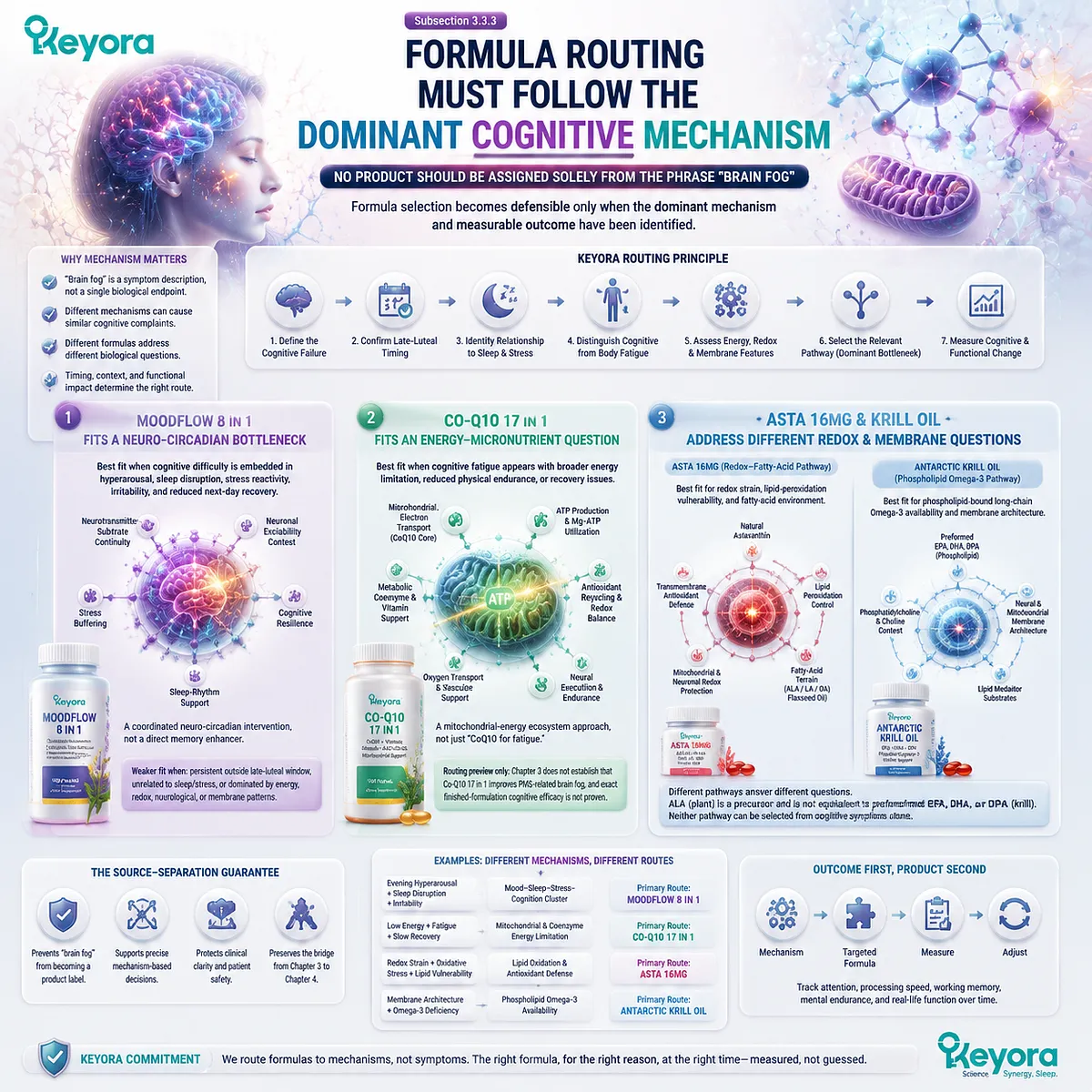 PMS brain fog formula routing based on neuro-circadian, mitochondrial energy, redox and membrane pathways using Keyora Premenstrual Fatigue Source-Separation Map. PMS brain fog formula routing based on neuro-circadian, mitochondrial energy, redox and membrane pathways using Keyora Premenstrual Fatigue Source-Separation Map.