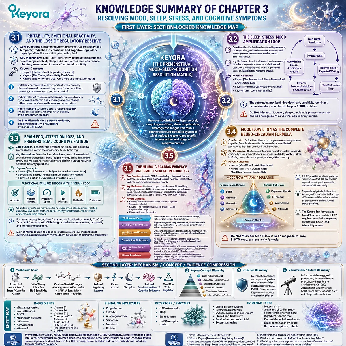 PMS mood sleep cognition framework connecting irritability, hyperarousal, brain fog, neurosteroid sensitivity and Keyora Premenstrual Mood–Sleep–Cognition Resolution Matrix. PMS mood sleep cognition framework connecting irritability, hyperarousal, brain fog, neurosteroid sensitivity and Keyora Premenstrual Mood–Sleep–Cognition Resolution Matrix.