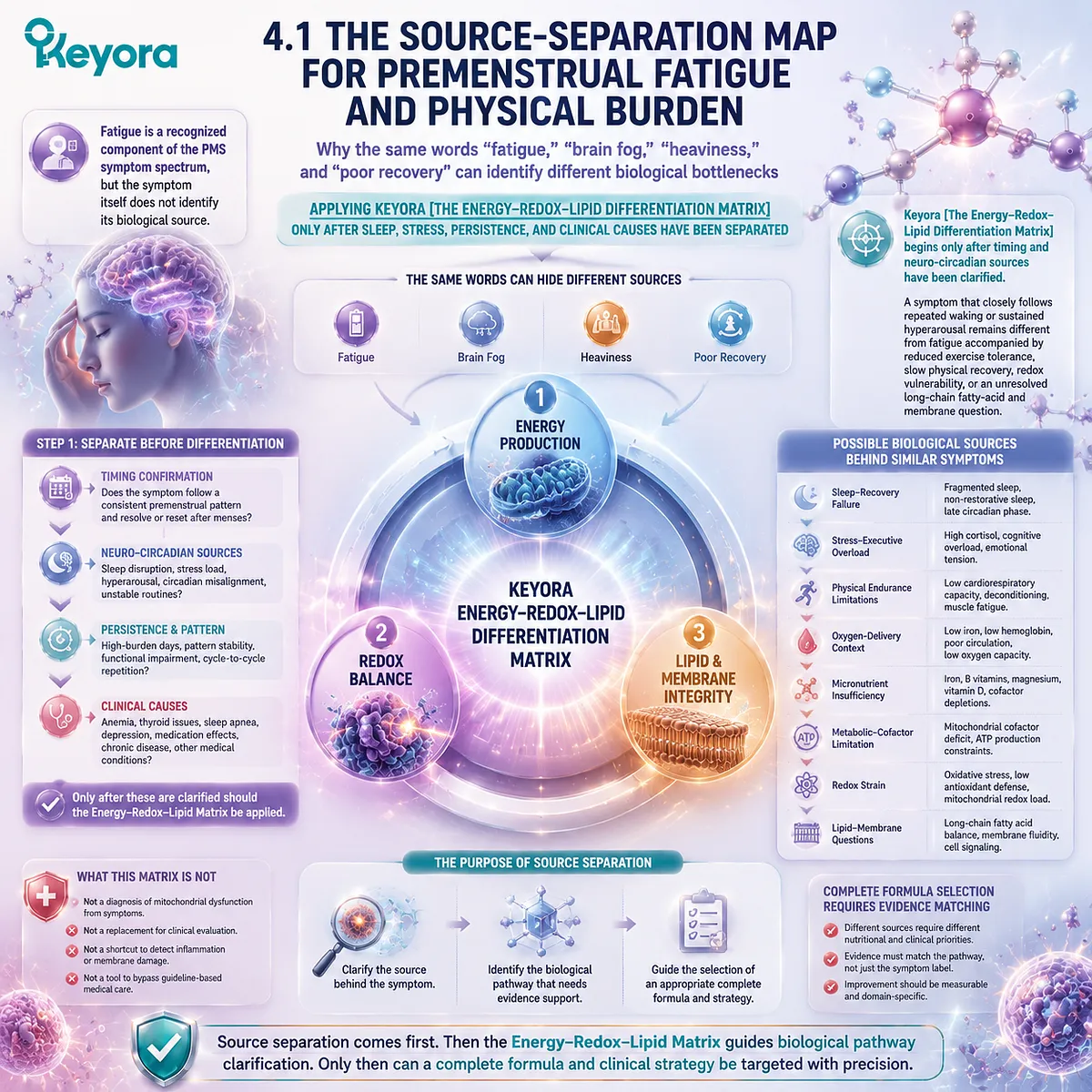 PMS fatigue, brain fog and poor recovery mapped by symptom-source separation using energy metabolism, redox balance and Keyora Energy–Redox–Lipid Differentiation Matrix PMS fatigue, brain fog and poor recovery mapped by symptom-source separation using energy metabolism, redox balance and Keyora Energy–Redox–Lipid Differentiation Matrix